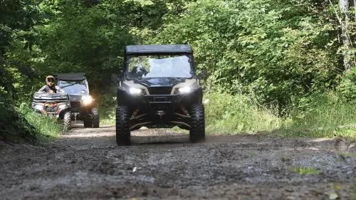 UTVs and ATVs riding together on a wooded trail